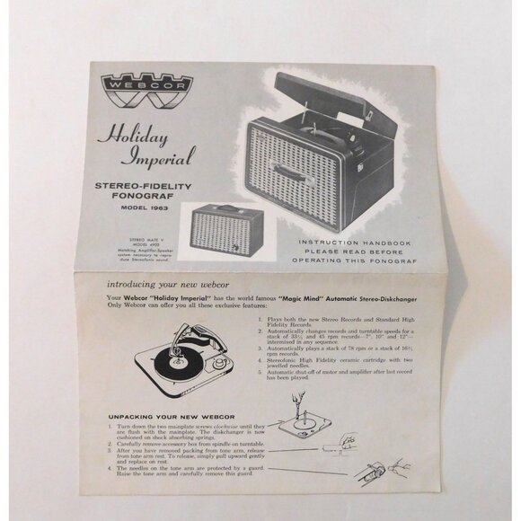 Webcor Holiday Imperial Stereo-Fidelity Fonograf Model 1963 Instruction Manual V - Picture 2 of 5